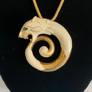 RARE Vintage PANETTA Gold Tone Enamel and Green Rhinestone Panther Necklace